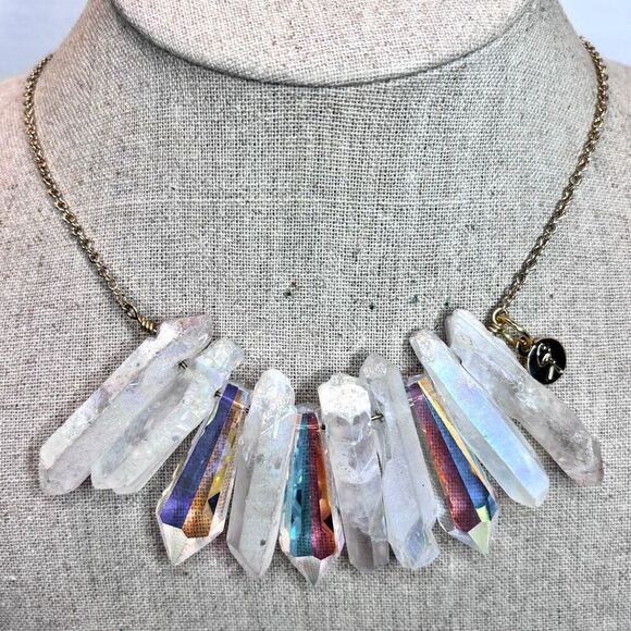 RARE AB Quartz Clustered Crystal Healing Statement Necklace Rainbow Gold-tone 20 - Picture 1 of 6